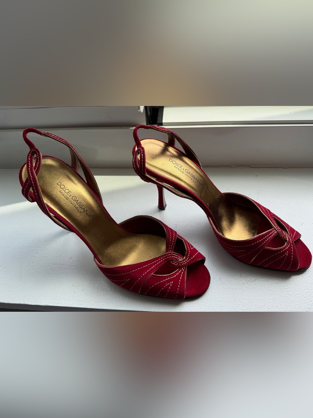 Vintage Dolce & Gabbana Deep Red Open-Toe Slingback Heels with Gold Insole